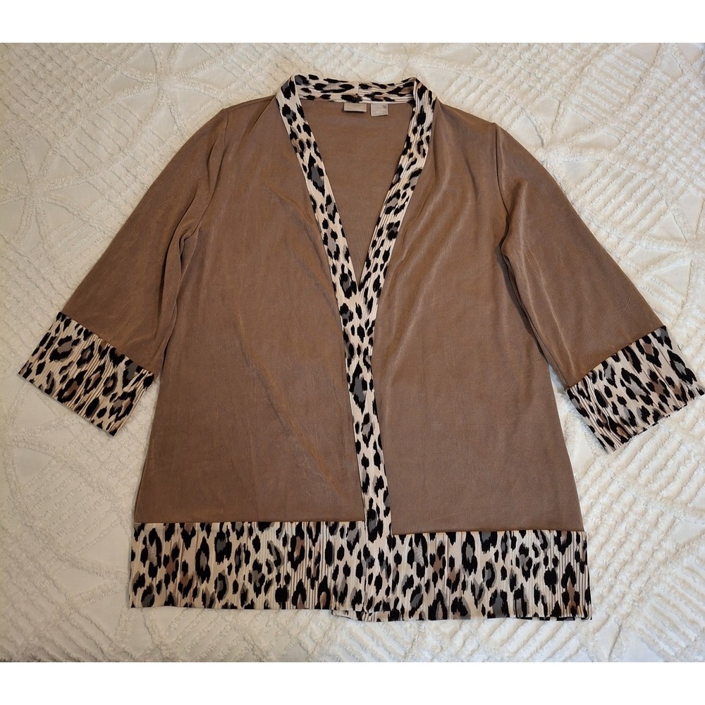Chico's 1 Medium Cardigan Tan Leopard Print Travelers Open Front 3/4 Sleeve